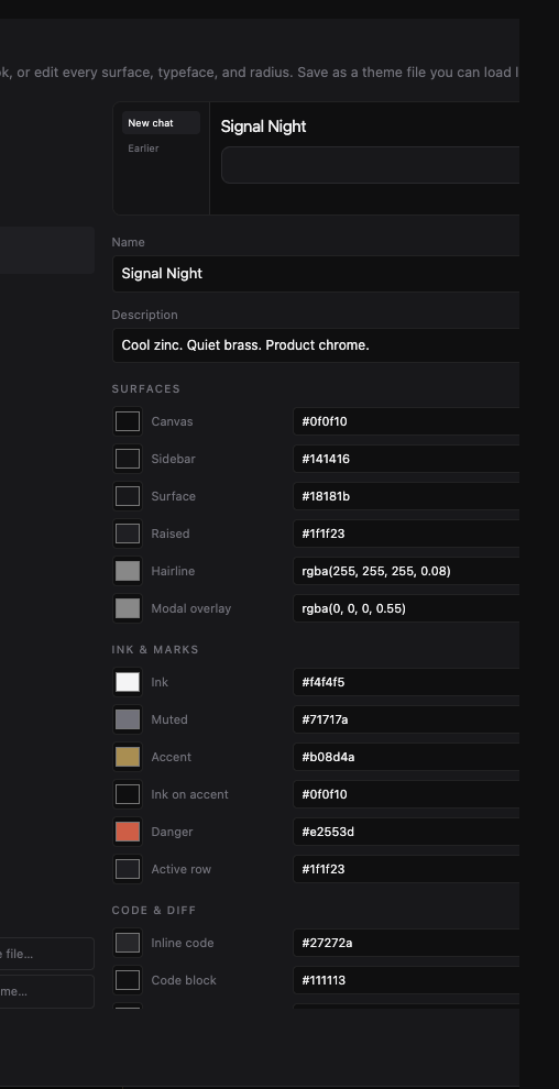 Appearance settings: built-in themes including Signal Night, with color fields.