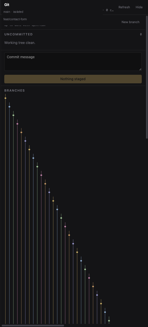 Git pane: isolated branch, commit box, and the branch graph.
