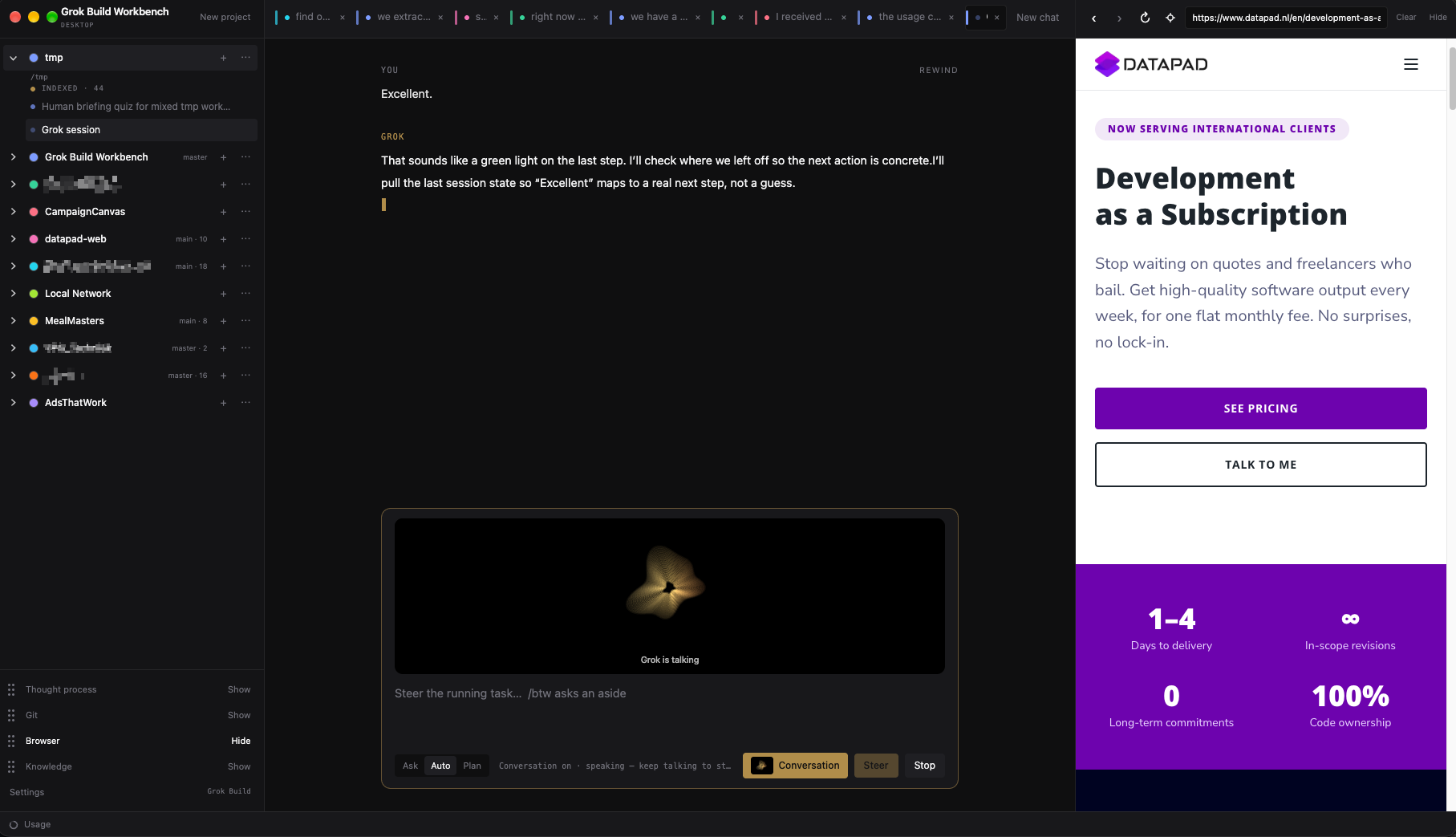 Grok Build Workbench: projects in the left sidebar, a chat in the middle, and Send plus Conversation at the bottom.