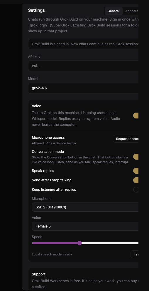Settings, General tab: Voice on, Conversation mode, Speak replies, microphone, voice, and speed.