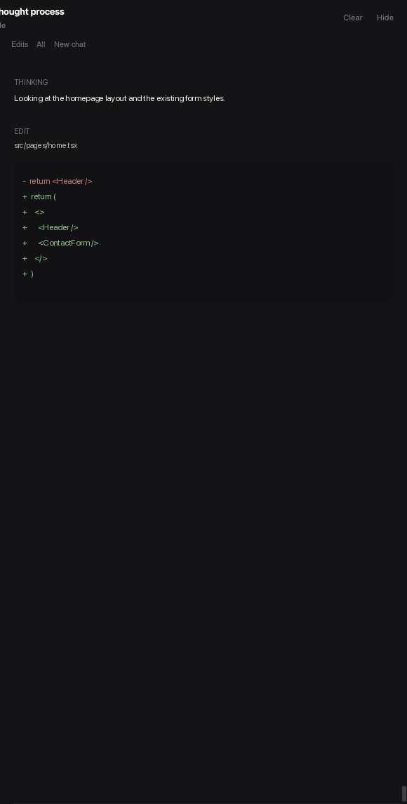 Thought process pane with Thinking, an Edit, and a short file diff.